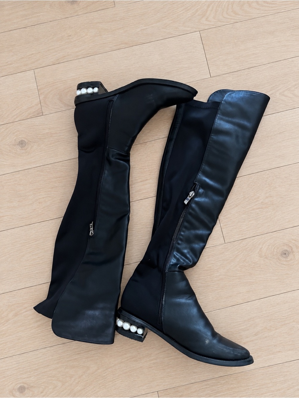 Catherine Malandrino Black Over the Knee Boots Pearl Heel Size 8